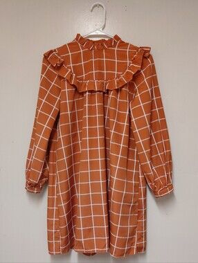 Shein Women's Burnt Orange/ White Grid Print Ruffled Dress
